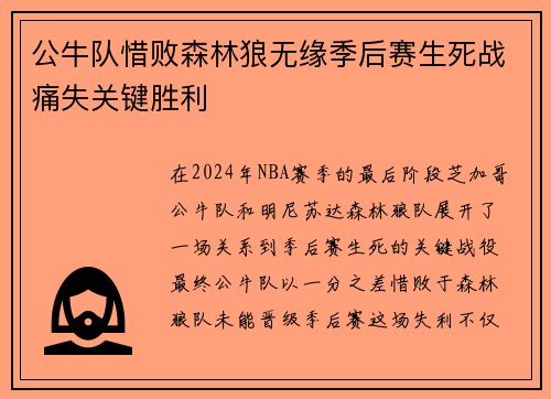 公牛队惜败森林狼无缘季后赛生死战痛失关键胜利