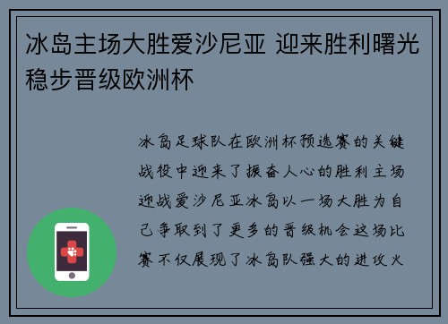 冰岛主场大胜爱沙尼亚 迎来胜利曙光稳步晋级欧洲杯